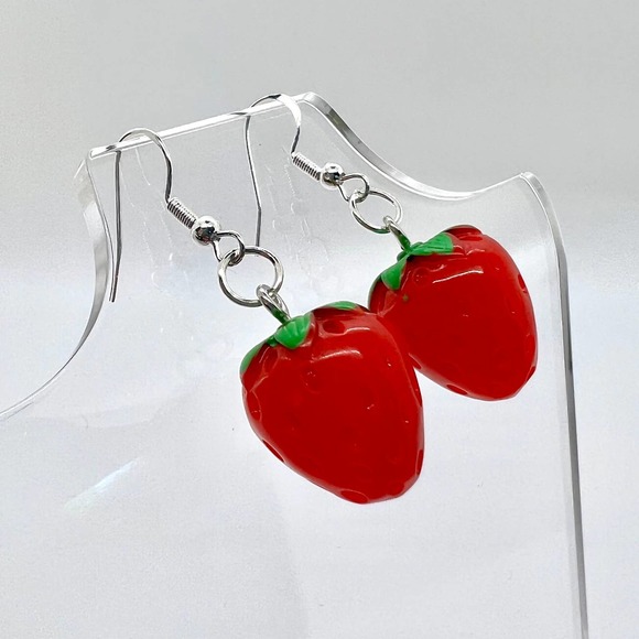Strawberry Earrings - Red Strawberries - Summer Fruit Earrings - Picture 2 of 8